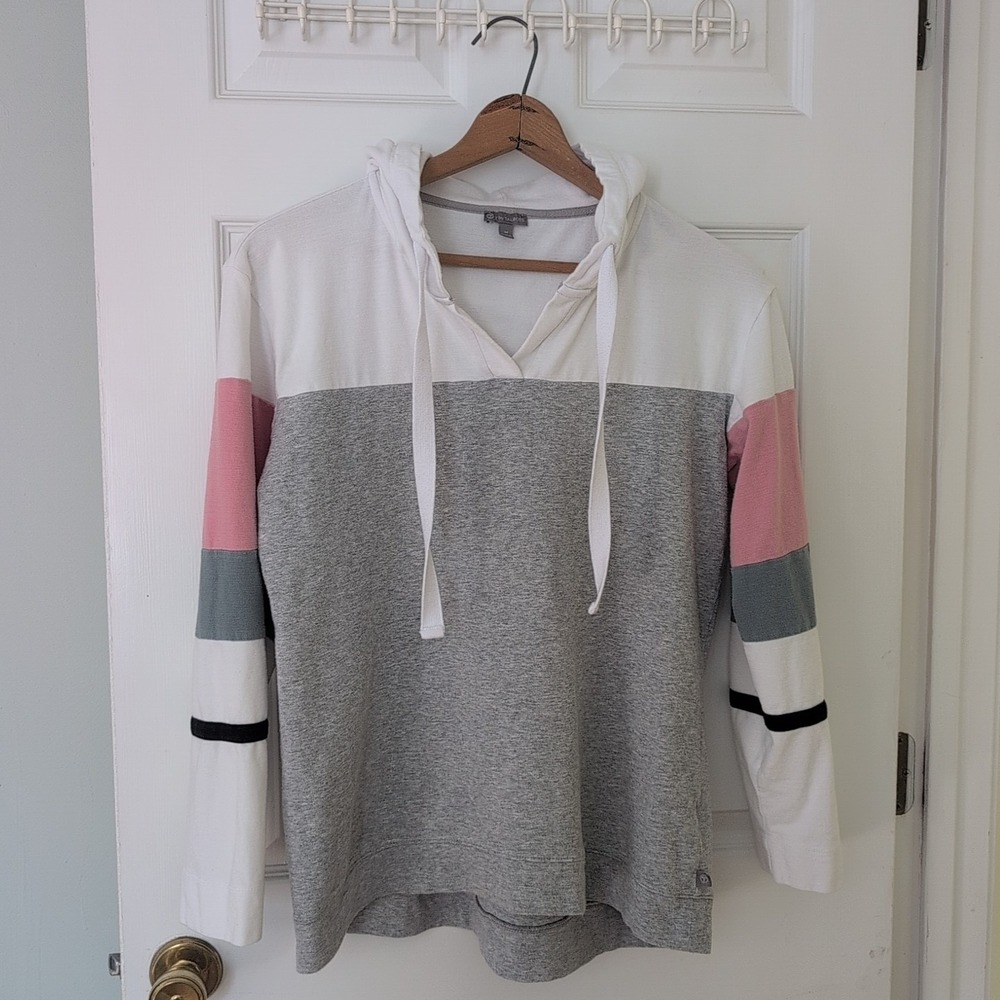 T by Talbots Hoodie Women's Med 95% Cotton White Gray Pink Long Sleeve Lightwght - Picture 3 of 10
